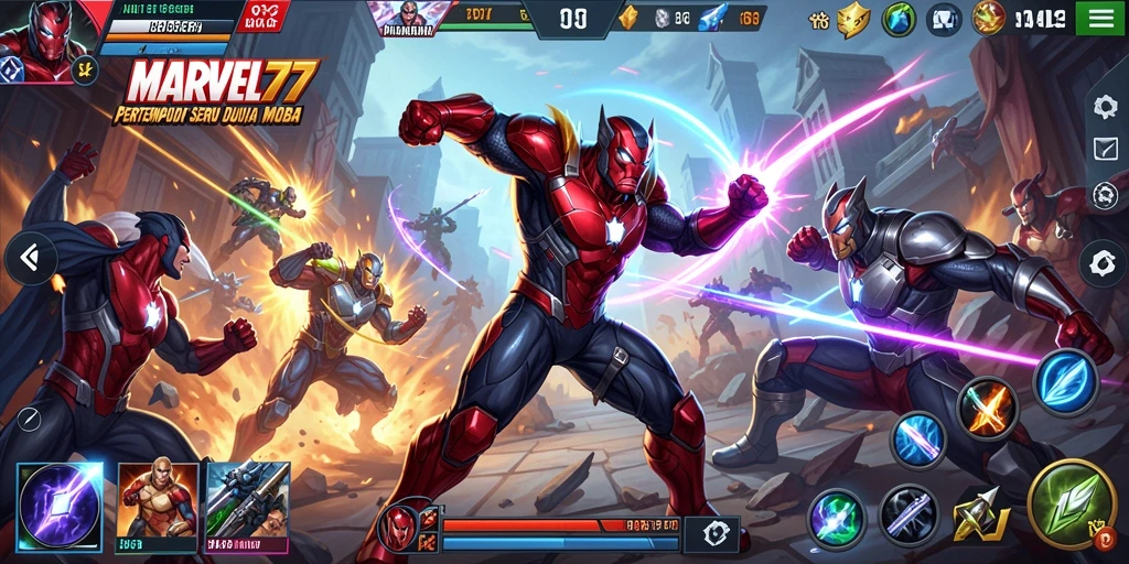 Tampilan gameplay seru dalam pertempuran MOBA MARVEL77.