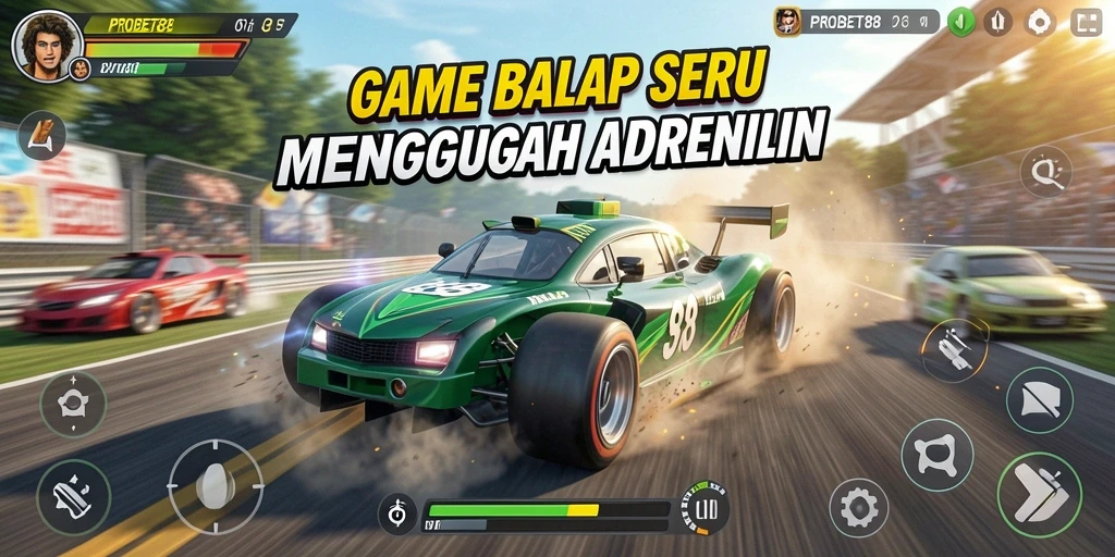 Tangkapan layar gameplay PROBET88 menampilkan balapan mendebarkan dan mobil yang disesuaikan.