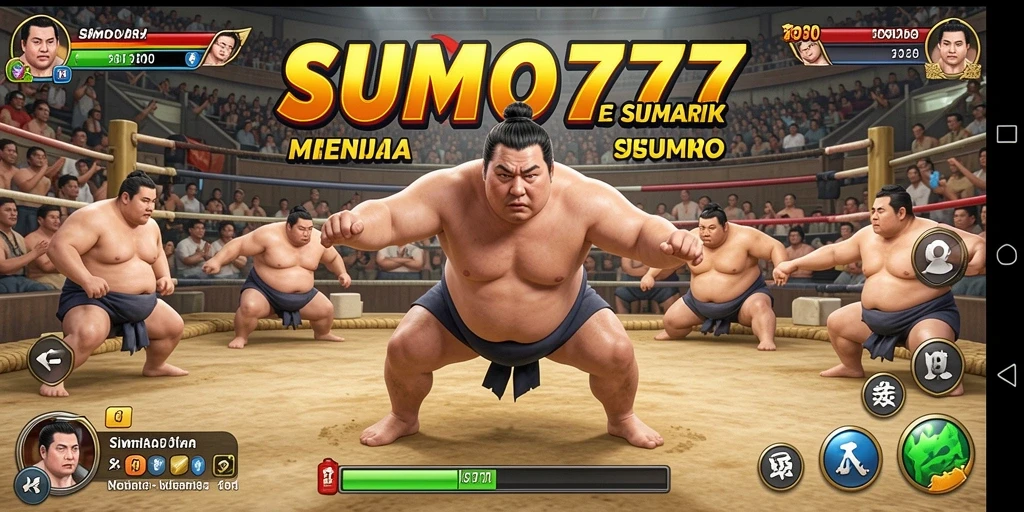 Screenshot dari gameplay SUMO777 yang menampilkan aksi pertarungan sumo.